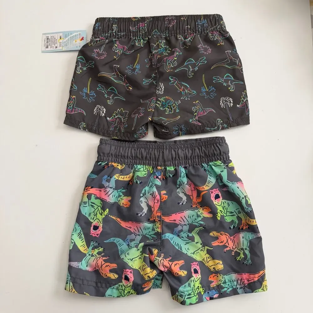 2x Cat & Jack rainbow dinosaur print gray swim trunks board shorts with liner
